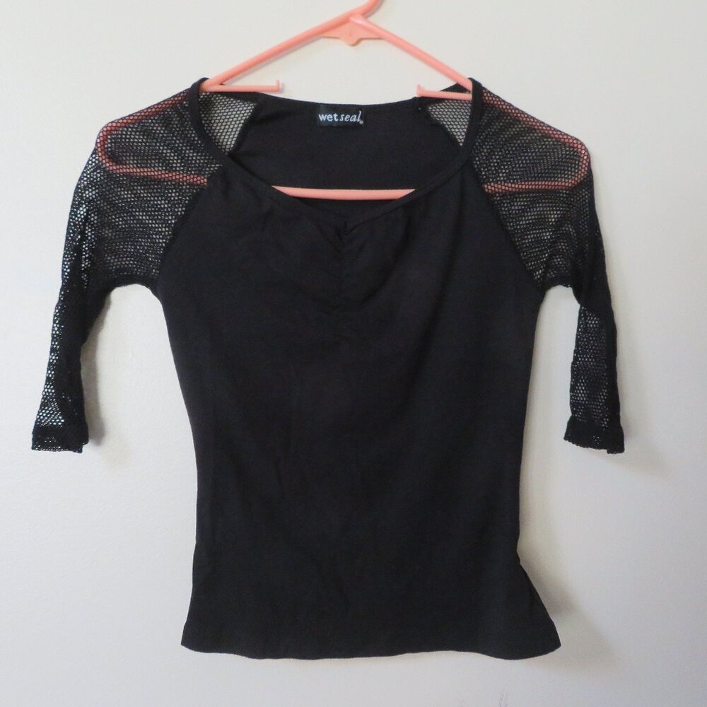 Wet Seal Black Mesh Y2K Sweetheart Baby Tshirt size Small Made in USA